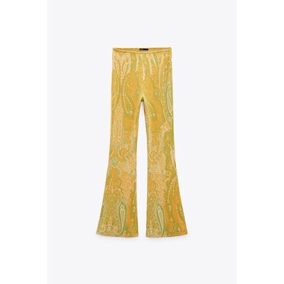 NWT Zara Yellow & Green Jacquard High Waisted Pull On Flare Pants, Size Medium - Picture 9 of 16